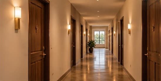 Un corridor d'immeuble calme avec portes en bois et appliques chaleureuses
