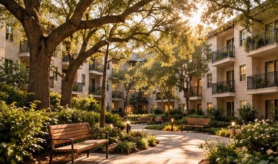 Cour ensoleillée d'un immeuble locatif en pierre, avec chênes, bancs et allées éclairées
