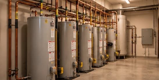 Une salle mécanique propre avec une rangée de chauffe-eau et de la tuyauterie en cuivre