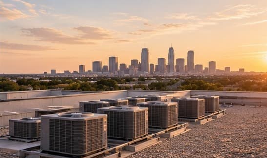 Rangées de climatiseurs sur un toit au coucher du soleil, une ligne d'horizon urbaine derrière